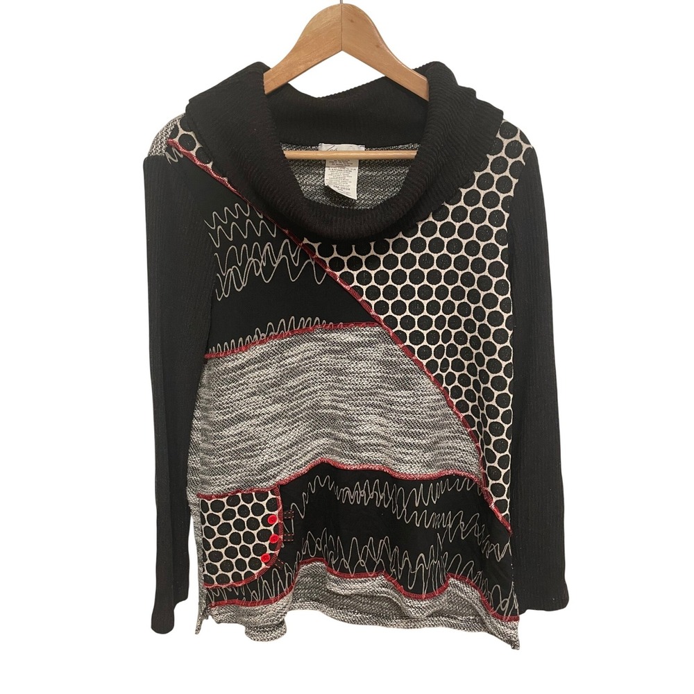 Zoe Tunic Top Cowl Neck Mixed Media Patchwork  Black White Red‎ Medium